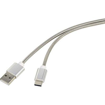 Renkforce USB-kabel USB 2.0 USB-A stekker, USB-C™ stekker 1,00 m zilveren kabelmantel van roestvrij staal RF-4888671