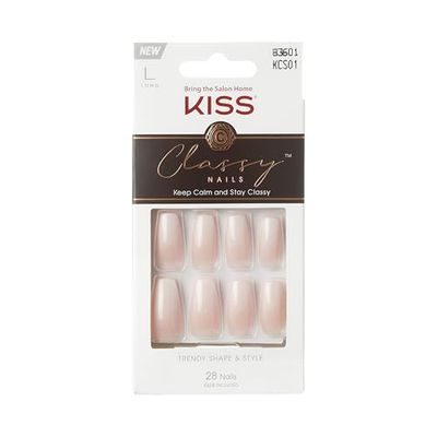KISS Classy Nails Collection, Be-you-tiful, Long Length Coffin Shaped Fake Nails, Includes 28 False Nails, Nail Glue, Nail File, and Manicure Stick