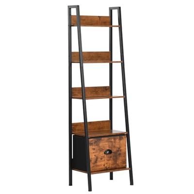 FurnitureR Ladder boekenkast, industriële opbergrek, 5-laags display, open plank met lade voor woonkamer, slaapkamer, kantoor, keuken, tuin, 42,5 x 29 x 141 cm, bruin