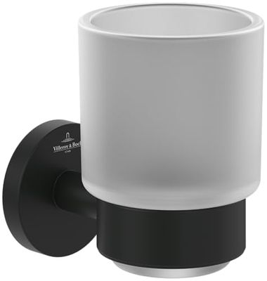 Porte-verre Villeroy & Boch Elements - Tender, Porte-brosse à dents à montage mural, Gobelet pour brosse à dents en verre satiné avec support en zinc, rond, noir mat