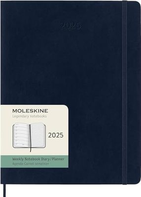 Moleskine Weekly Planner, Weekly Agenda with Space for Notes 12 Months 2025, Soft Cover and Elastic Closure, Sapphire Blue Color, Extra Large Format 19x25 cm