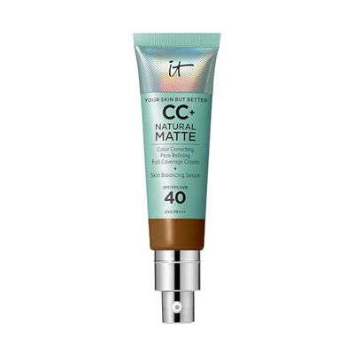 IT Cosmetics Full Coverage Foundation, Natural Matte, Made with Hyaluronic Acid, SPF 40 Protection, Your Skin But Better CC+, Shade: Deep Honey, 32ml