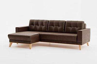 CAVADORE Canapé d'angle Lima avec Chaise Longue/canapé en Forme de L Aspect Daim avec Fonction Couchage + Coffre/Cadre en Bois + surpiqûre dans Le Dos/Microfibre Marron foncé