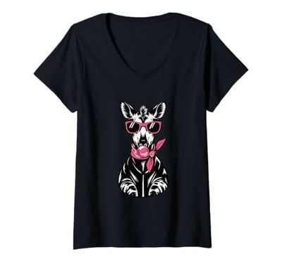 Womens Okapi Sunglasses Bubble Gum Forest Giraffe V-Neck T-Shirt