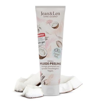 Jean & Len Esfoliação corporal suave de cuidado de coco e sândalo, limpa profundamente os poros e nutre a pele, com pérolas de areia naturais, sem parabenos ou silicone, vegano, 125 ml