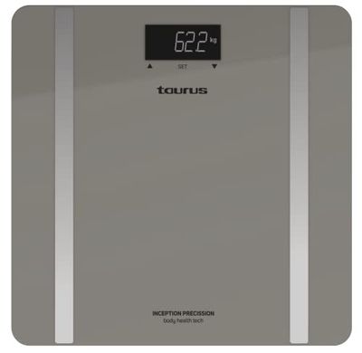 Taurus Inception Precission - Báscula de baño inteligente, calcula el porcentaje de grasa y agua corporal, memoria para 10 usuarios, pantalla LCD, cristal templado, peso máx 180kg, precisión 0,1kg