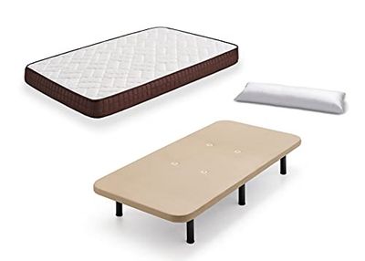 HOGAR24 ES Cama Completa - Colchón Viscobrown Reversible + Base Tapizada 3D + 6 Patas de 26cm + Almohada de Fibra, 90x180 cm