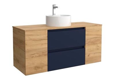 Salgar Mueble de Baño Bequia 120cm + Coqueta 1 Puerta Centrado + Encimera + Lavabo posar| Azul Mate/Roble |120x45x56