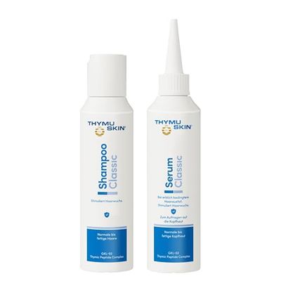 THYMUSKIN Classic - Conjunto para perda de cabelo hereditária, estimula o crescimento do cabelo. Conjunto (1 champô de 100 ml + 1 soro de 100 ml)