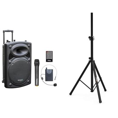 Ibiza - PORT15UHF-BT - Altavoz portátil 15"/800W MAX con 2 micrófonos (UHF), Mando a Distancia & Audibax Neo 131 - Soporte Profesional para Altavoces - Trípode para Altavoces - Trípode Extensible