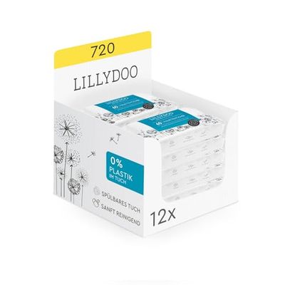 LILLYDOO Wet Toilet Tissues 720 Pack (12 x 60) 100% Plastic-Free Flushable Cloth, Perfume Free
