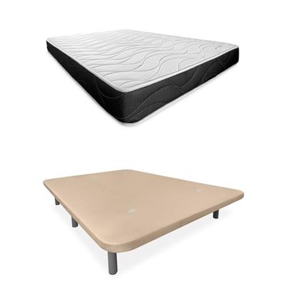 Somnia Descanso Bombay Lit Complet avec Matelas réversible + Base tapissée Extra renforcée avec 6 Pieds cylindriques métalliques filetés, 150 x 190, Beige