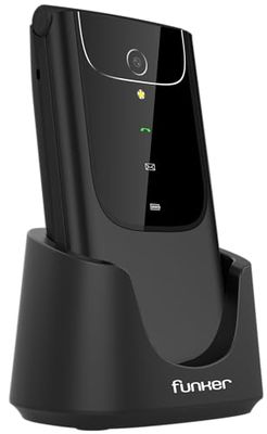 Funker C150 Comfort 4G - Telefono cellulare 4G Volte di Coperchio per Maggiori, Tasti Grandi, Facile da Usare, Pulsante SOS, USB-C, 3 memorie dirette, 2000 contatti, Base caricabatterie, Nero