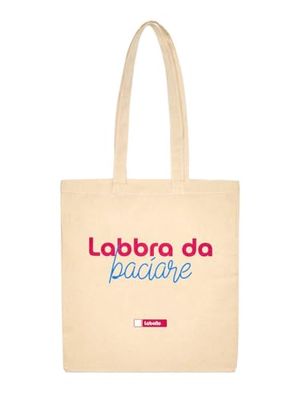 Labello Unisex Labbra da baciare, Tote bag donna e uomo con design firmato, Borsa tela a spalla in resistente cotone naturale, 38x42 cm