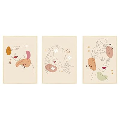Arterby's® - Set 3 pezzi - Poster Quadro Cornice Tela Canvas Dipinto - Illustrazione Viso Donna Linea Astratta Ritratto - Made in Italy - HD Poster con Cornice Colore Legno 21x30 cm S3A001 D003