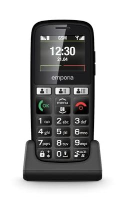 Emporia Happy - Teléfono móvil para Personas Mayores, Robusto y de Calidad, Volumen Alto, Pantalla a Color, Bluetooth, 3 Teclas de Llamada rápidas, Teclas Grandes iluminadas, Base de Carga, Negro