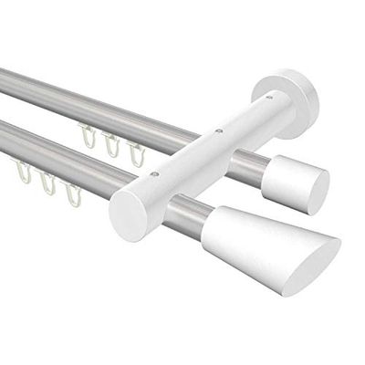 Flairdeco - Tringle à Rideaux intérieure, Barre de Rideaux en Aluminium et Bois avec Embouts - 20 mm de diamètre - 2 Voies - Type de Conus - Gris argentéBlanc laqué - 120 cm