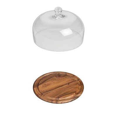 Tala Large Clear Glass Dome Round Acacia Serving Board, Perfect for displaying Cheese, Meats and freshly baked goods, Serving Board duals as a Chopping Board