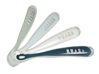 BÉABA, Set van 4 Siliconen Lepeltjes voor Baby's en Kinderen, 1e Leeftijd, Vanaf 4 Maanden, Zachte, Afgeronde Tip, Lange en Ergonomische Handgreep, Storm