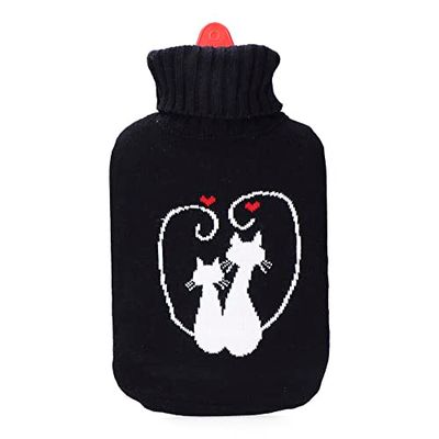 Zwarte warmwaterkruik "Verliefde katten" 2 l. Ideaal om u warm te houden op uw momenten van ontspanning. Perfect voor thuis, biedt warmte en comfort