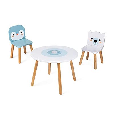 Janod - Table and 2 Wooden Ice Floe Chairs - Round Children's Table with Removable Pencil Holder - 1 Polar Bear Chair and 1 Penguin Chair - Ideal for Children from 3 Years Old, J09650