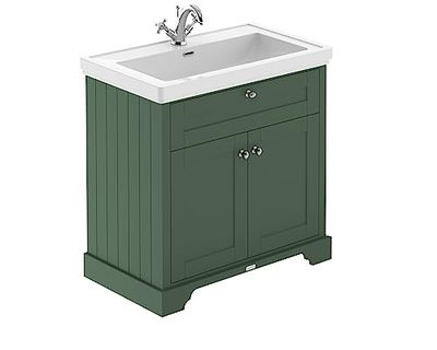 Hudson Reed LOF806 Old London Traditional Bathroom Floor Standing 2 Door Vanity Unit & 1 Tap Hole Fireclay Basin, 800mm, Hunter Green