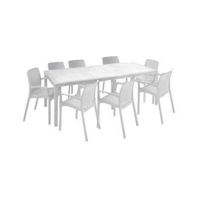 Dmora - Salon d'extérieur Manarola, Table rectangulaire Extensible avec 8 chaises et accoudoirs, fabriqué en Italie, Blanc