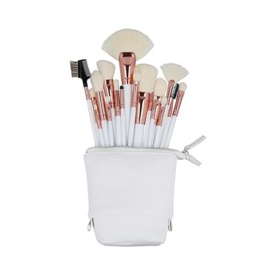 Ilu - Set Pennelli Trucco 18 Pezzi Bianco Con Borsa Cosmetica Vegan Pennelli Viso Occhi Cipria Blush Angolato Eyeliner Correttore Ombretto Design Elegante e Comfort Ergonomico
