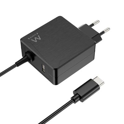 Ewent 65W Cargador Portatil de Pared USB C para Lenovo,HP,Macbook Pro/Air,Huawei,Acer,ASUS,DELL,Xiaomi, Samsung,Cargador Ordenador Portátil Tipo C con Cable de 1,5 Metros;Toma USB-A Adicional;Negro