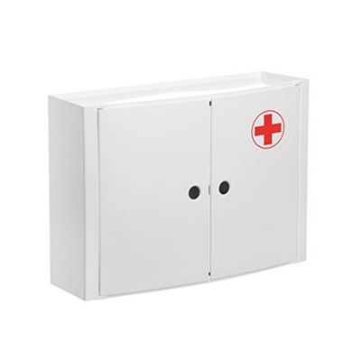 Tatay Armário plástico horizontal, branco, 2 portas sem maçanetas e prateleira interior removível. Grafismo de cruz vermelha numa das suas portas