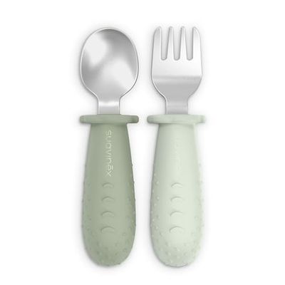 Suavinex, Babyinlärningsbestick, sked och gaffelpaket i rostfritt stål, ergonomiskt, säkert, halkfritt silikonhandtag, BLW, spädbarn + 6 månader, diskmaskin, grön