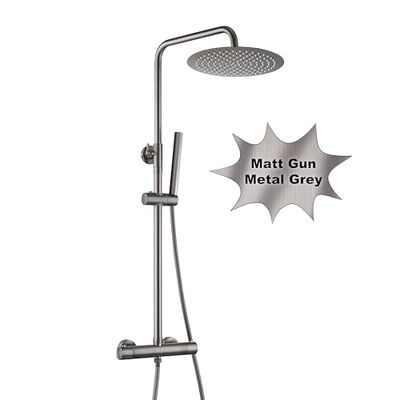 Görbach Columna de Ducha con Rubinetto Termostatico, sistema de ducha de acero inoxidable, grifo mezclador termostático, alcachofa de mano, barra de ducha, Cabezal de ducha D25cm Gris bronce cepillado
