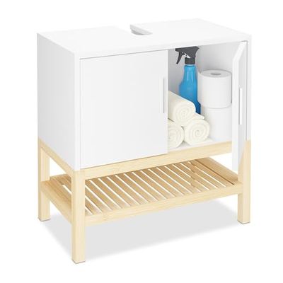 Relaxdays wastafelonderkast met plankje, HBD 60,5x60x33 cm, uitsparing, bamboe en mdf, onderzetkast wastafel, wit/natuur
