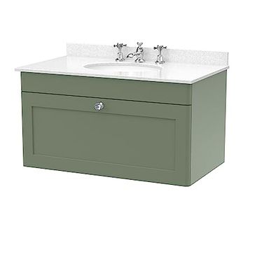 nuie CLC896WR3 Classique Wall Hung 1 Drawer Unit & 3 Tap Hole Marble Worktop with Round Basin, 800mm, Satin Green/White