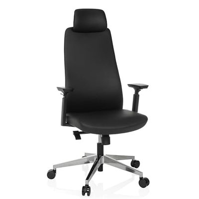 hjh OFFICE Sillón de Oficina Profesional ergonómico YUCANO I Sillón Giratorio de Cuero Vegano, reposacabezas y reposabrazos Regulables, Negro