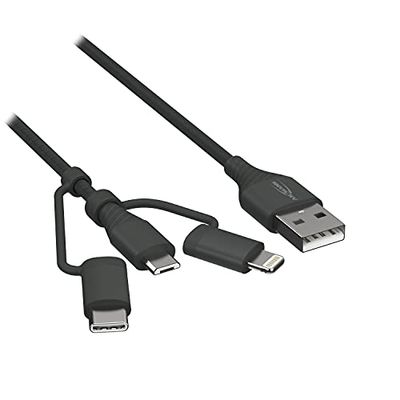 ANSMANN Câble de charge et données 3-en-1 120 cm (1 pce) – Câble de transfert de données 480 Mbps – Câble Micro USB, Lightning et USB-C pour smartphone, powerbank, tablette, etc.