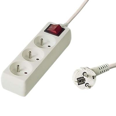 PremiumCord Extensão de 230 V, 3 tomadas com interruptor, extensão de 230 V, entradas francesas rotadas de 45°, tomada múltipla segurança infantil, branco, 10 m