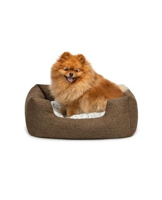 lionto Hondenmandje met pluizig omkeerbaar kussen, knus huisdierbed in gemêleerd design met diepe instap voor honden & katten van alle groottes, (S) 60x50 cm, Zacht Hondenbed, Bruin
