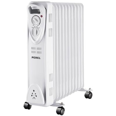 Perel 2500W Olieradiator met 11 ribben, 3 warmtestanden, instelbare thermostaat, handvat, wielen en kabelhouder, oververhittings- en kantelbeveiliging, mobiele, stille en energiezuinige bijverwarming