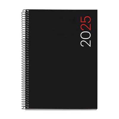 Miquelrius Agenda annuel 2025, 155 x 213 mm, 1 jour par page, couverture souple polypropylène, spirale, papier 80 g/m², catalan, anglais et portugais, couleur noire