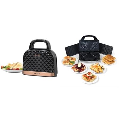 Salter Handbag Style Sandwich Toaster, 3-in-1 Snack Maker - Deep Fill Waffle Iron, Panini Press & Toastie Maker, Rose Gold, Non-Stick (Teflon/Ceramic), Stainless Steel/Aluminum exterior