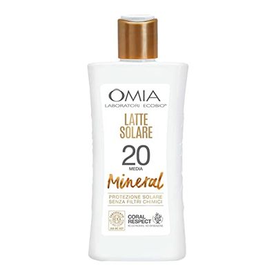 Omia, Latte Solare Mineral SPF20 Viso e Corpo, Protezione Solare Media, Per Pelli Moderatamente Scure e Olivastre, Con Filtro Minerale e Ingredienti di Origine Naturale, Flacone da 200 ml