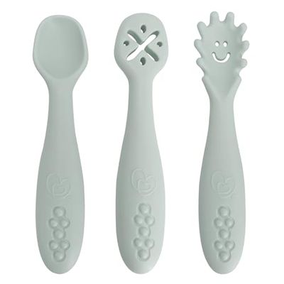 Dreambaby Scoop Mash and Twist BPA Free Silicone Toddler & Baby Spoon Set - 3 Stage Toddler Utensils for Baby Led Weaning - Soft Chew Training Spoons with Chunky EasiGrip - Seafoam Green