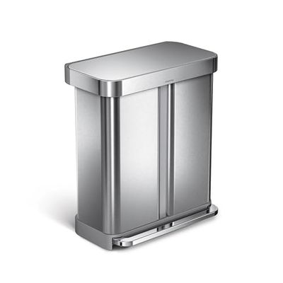 simplehuman CW2025 poubelle de recyclage rectangulaire, avec réserve à sacs, poubelle de cuisine, tri selectif 2 bacs, double compartiments, acier inoxydable brossé, 58 litres (34/24)