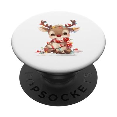 PopSockets Petit renne "Rudolf" avec écharpe et guirlande lumineuse Noir Phone Grip Adhésif pour Téléphone portable