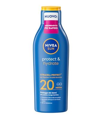 NIVEA SUN Protect & Hydrate SPF 20 200 ml, Crema solare 20 idratante 48h ad assorbimento rapido, Protezione solare 20 resistente all'acqua arricchita con Vitamina C e Acido Ialuronico