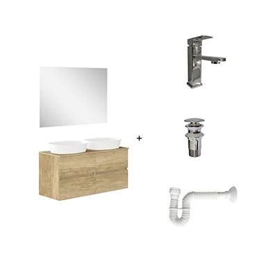 Baikal Pack solución Completa. Incluye: Mueble de Baño, Lavabo cerámico, Grifo, Sifón Extensible y Válvula de desagüe. Mueble MONTADO. Entrega Todo en uno. 2 Cajones con Espejo 60+60 cm Nature