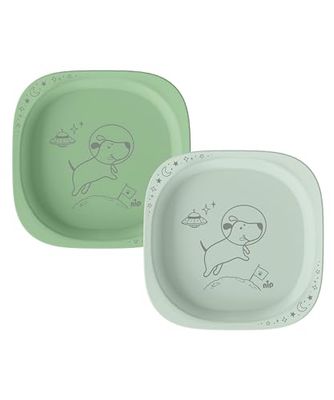 nip Green Eco baby- och barntallrik, mikrovågsugns- och diskmaskinssäker, extra platt och perfekt för tilläggsstart, BPA-fri, utan melamin, hållbar, set om 2, djurmotiv, ljusgrön