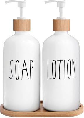 MOMEEMO Distributeur de Savon Blanc pour Salle de Bain avec Distributeur de Savon en Verre, Pompes et Plateau en Bambou pour décoration d'accessoires de Salle de Bain (Blanc)