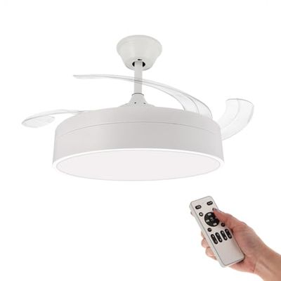 M Ledme - Led-plafondventilator, 72 W, wit, met licht en afstandsbediening, laag stroomverbruik, DC-motor, 6 snelheden, stil, 4 uitklapbare vleugels, zomer-winterfunctie, timer